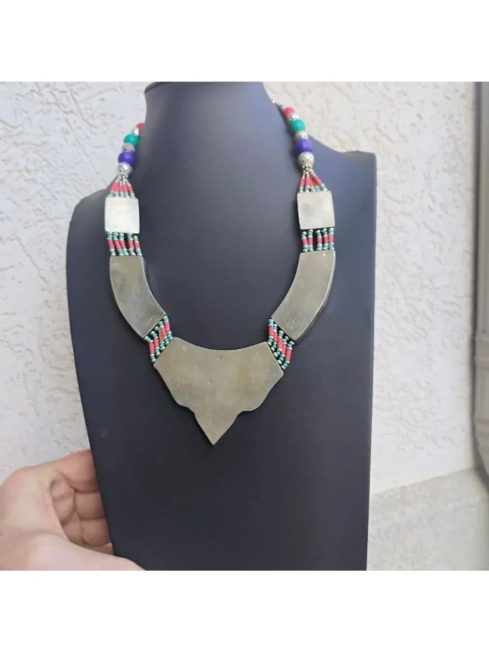 Handmade Tibetan Silver Turquoise Coral Lapis Lazuli Necklace Tribal Boho Collar